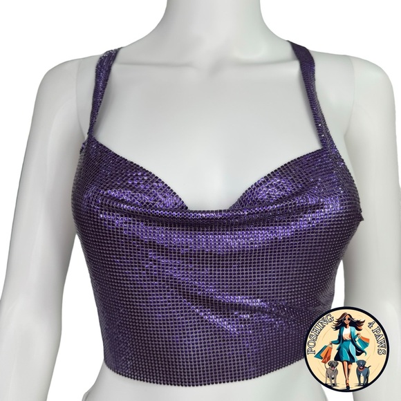 FANNIE SCHIAVONI Hailey Mesh Metallic Festival Draped Crop Top in Purple Size S - Picture 4 of 15